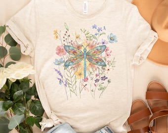 Bright Dragonfly Shirt, Cute Women T-shirt, Cute Dragonfly Tee, Cute Women Gift, Boho Girly Gift, Vintage Dragonfly Floral
