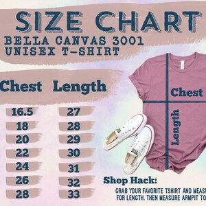 May include: Size chart for Bella Canvas 3001 unisex t-shirts. The chart shows chest and length measurements in inches for sizes XS to 3XL. A pink t-shirt is shown with measurements marked for chest and length.