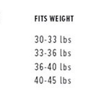 May include: A chart showing toddler clothing sizes with corresponding weight and length measurements in inches and pounds. The chart shows sizes 2T, 3T, 4T, and 5T.