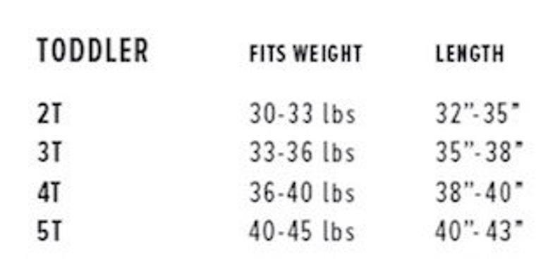 May include: A chart showing toddler clothing sizes with corresponding weight and length measurements in inches and pounds. The chart shows sizes 2T, 3T, 4T, and 5T.
