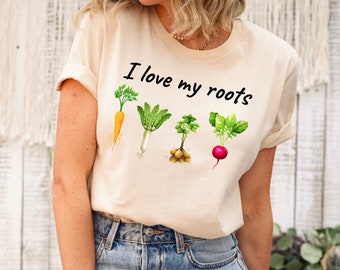 Jag älskar mina rötter, grönsakströja, upplyftande t-shirt, vår-t-shirt, trädgårdsskötsel, kålrotspresent, morotsoutfit, svart morotströja, grönsakströja