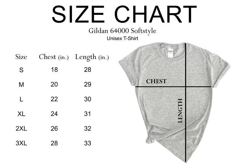May include: Size chart for a Gildan 64000 Softstyle Unisex T-Shirt. The chart shows the chest and length measurements in inches for sizes S, M, L, XL, 2XL, and 3XL.