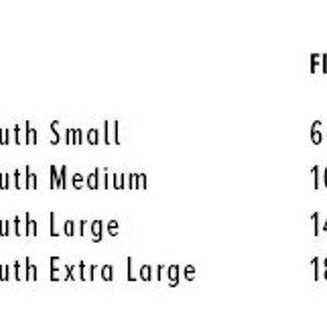 May include: A chart showing youth clothing sizes with corresponding age ranges.  YS is Youth Small, 6-8. YM is Youth Medium, 10-12. YL is Youth Large, 14-16. YXL is Youth Extra Large, 18-20.