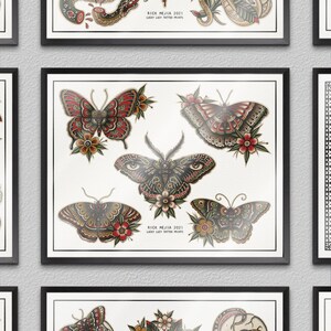 May include: A print featuring five colorful butterfly illustrations in a traditional tattoo style. The butterflies are in various shades of red, green, black, and yellow. The print is titled "RICK MEJIA 2021 LUCKY LUCY TATTOO PRINTS".