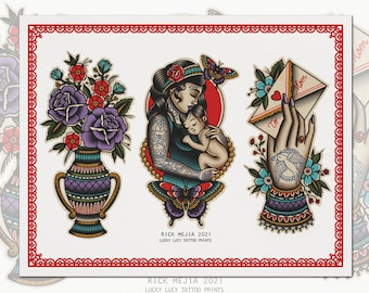 May include: Three traditional tattoo flash designs. A vase with purple and red flowers, a woman holding a baby, and a hand holding an envelope with the word "Mom" on it.