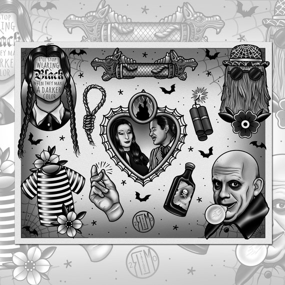  An absolutely gorgeous Addams Family flash sheet by kaymieseven    Addams family tattoo Game of thrones tattoo Family tattoos