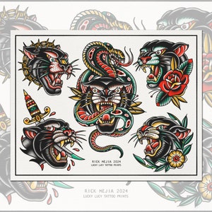 May include: A set of six traditional tattoo flash designs featuring black panthers, snakes, and a dagger. The designs are in black, green, red, and yellow.