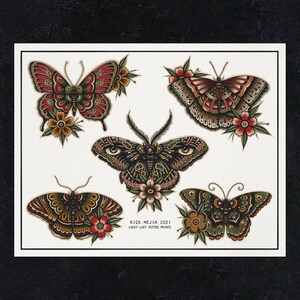 May include: A print featuring five colorful butterfly and moth illustrations in a traditional tattoo style. The butterflies are red, green, and yellow with black accents. The moth is black with green and yellow accents. The print includes the text "RICK MEJIA 2021 LUCKY LUCY TATTOO PRINTS".