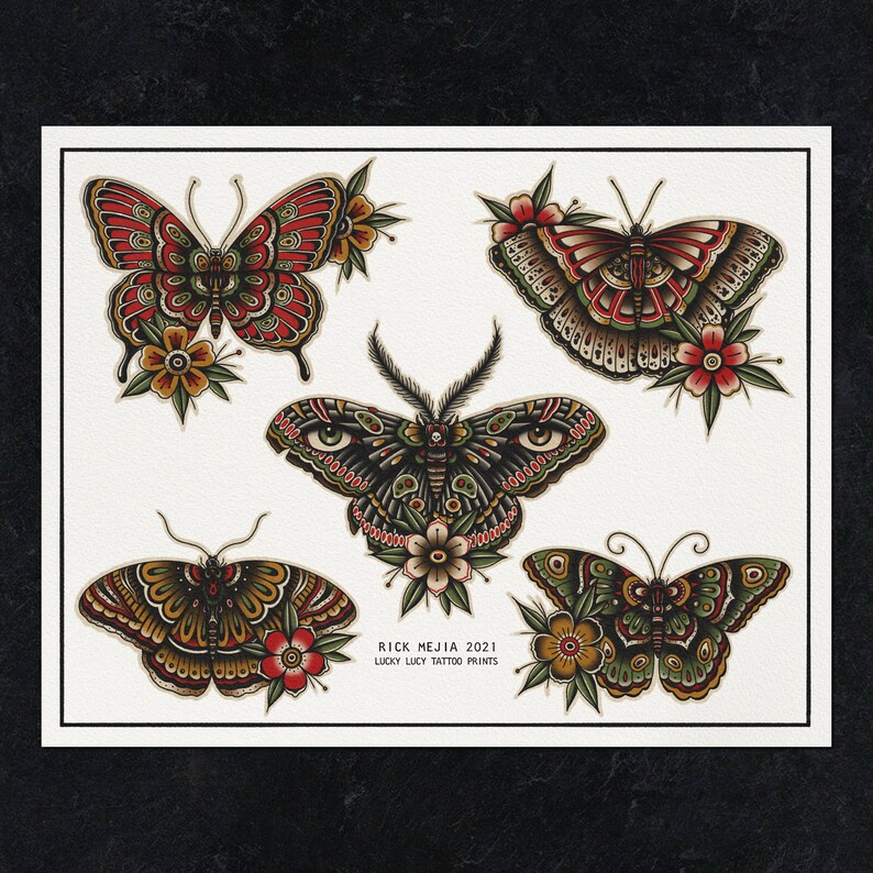 May include: A print featuring five colorful butterfly and moth illustrations in a traditional tattoo style. The butterflies are red, green, and yellow with black accents. The moth is black with green and yellow accents. The print includes the text "RICK MEJIA 2021 LUCKY LUCY TATTOO PRINTS".