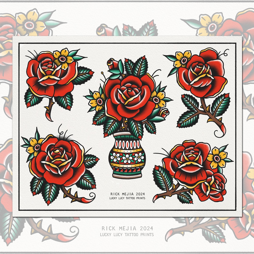 Print 11x14 "rose" Tattoo Flash - Etsy
