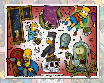 May include: A colorful illustration of various characters and objects from the Simpsons' Treehouse of Horror episodes. The illustration includes a skull, a crow, a creature from the black lagoon, a tombstone, a pumpkin, and a character holding an axe. The text "Treehouse of Horror" appears twice in the image.