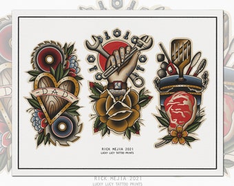 May include: Three traditional tattoo flash designs. The first design is a heart with the word "DAD" inside, surrounded by flowers and a saw blade. The second design is a hand holding a wrench and a screwdriver, with a rose and a gear. The third design is a steak with a knife and fork, surrounded by flowers and a bucket.