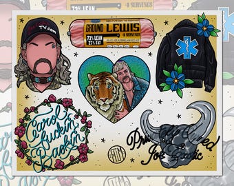 May include: A set of nine colorful tattoo flash designs featuring a portrait of Joe Exotic, a tiger, a heart, a wreath of flowers with the text "Carol Baskin", a black leather jacket with a blue star, a buffalo head, and the text "Joe Exotic" and "Prisoned Joe Exotic".