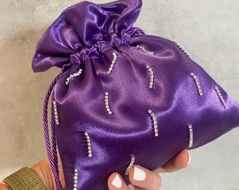 Mini Borsa borsetta da sera da polso pouch da cerimonia matrimonio in raso bustina con applicazioni di cristalli a pioggia tantissimi colori