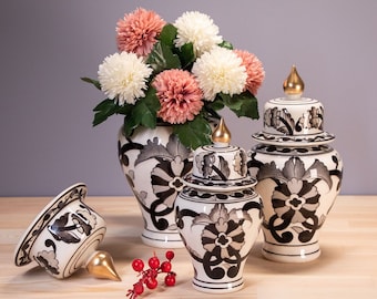 Black and White Lid Vase Set,Special Design,Modern Decor,Gold Painting,Handmade,Office Decoration,Home Decoration,Floor Vase,Turkish Pottery