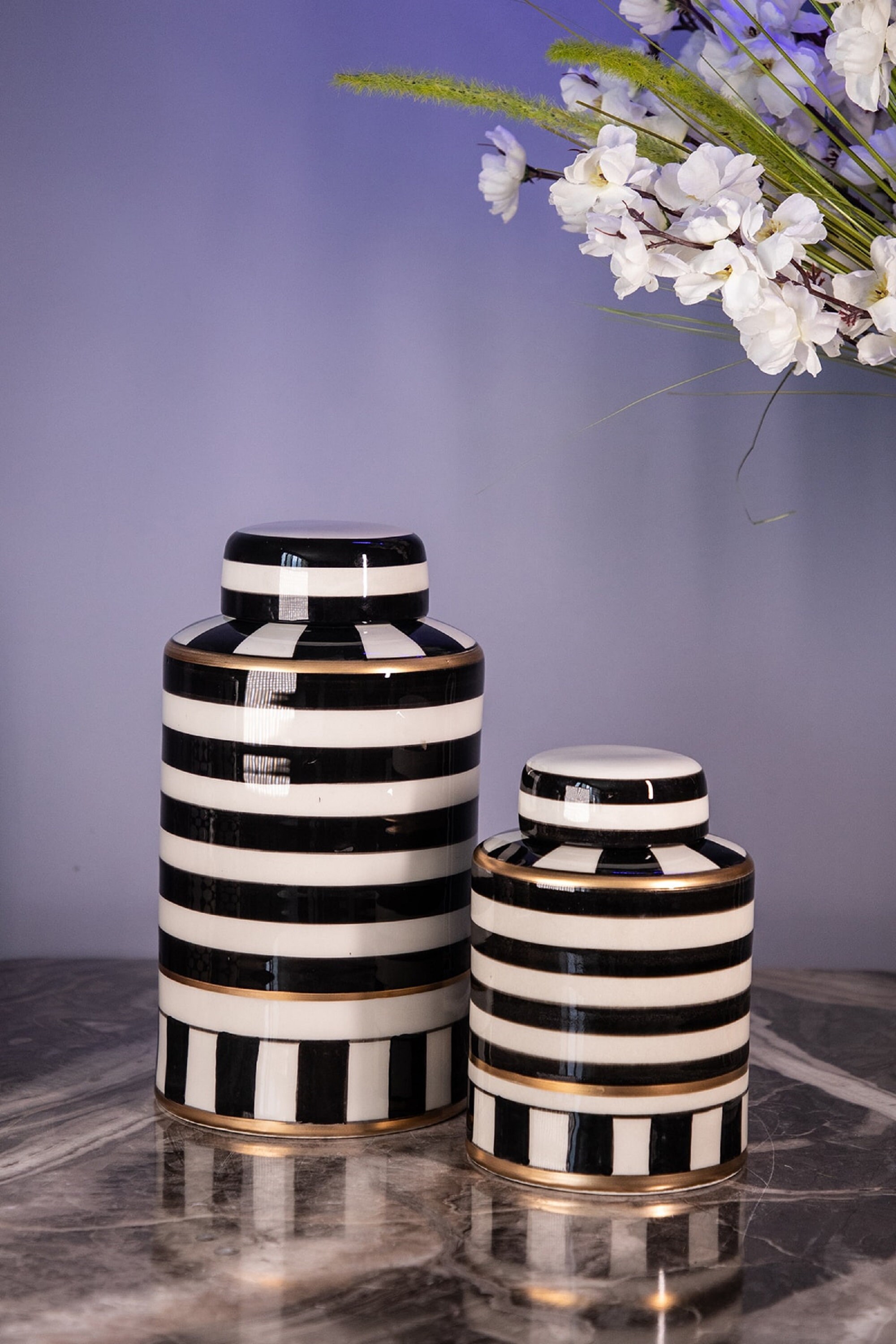 Black and White Striped Vase Set Set of 2 With Lid Handmade - Etsy