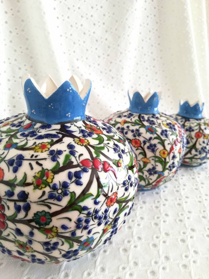人気定番の 3x トルコ陶器ザクロセット、手作りザクロ飾り、装飾ザクロ花瓶 工芸品