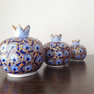 Blue and Gold Pomegranate Vase Set of 3 , Home Decor, Handmade Pomegranate Ornament, Gifts For Her, Turkish Ceramic