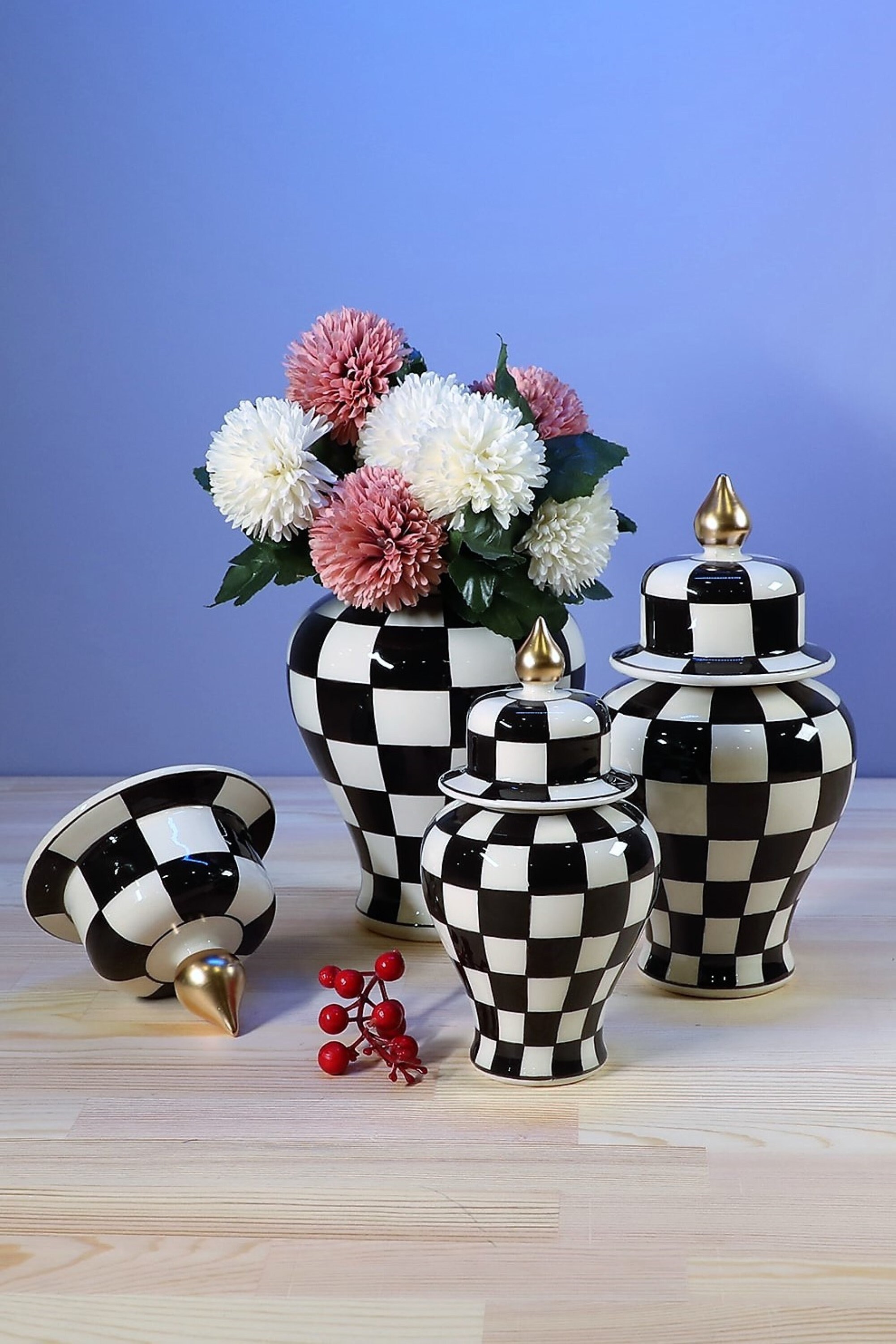 Check Pattern Ginger Jar Black and White Ginger Jars Triple Etsy