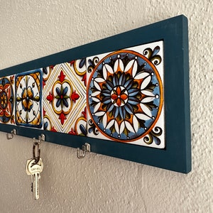 Key Holder, Key Hooks, White Key Hanger, Wall Key Rack, Wall Key Holder, Ceramic Tile, Talavera, Handmade Turquoise wooden Housewarming Gift