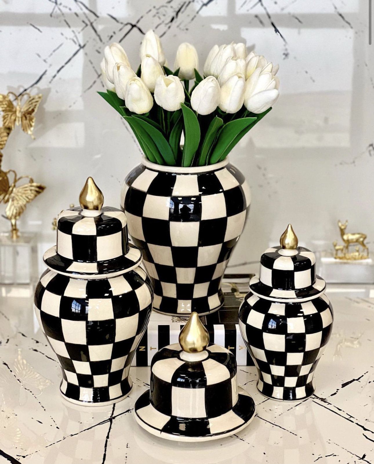 Check Pattern Ginger Jar Black and White Ginger Jars Triple