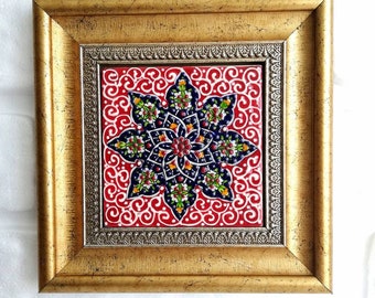 Turkish Ceramic Tile, Decorative tiles , Wall Decoration, Framed  , Wall Art, Floral Pattern, Floor Tile, Home Decor, Wooden Framed Tile