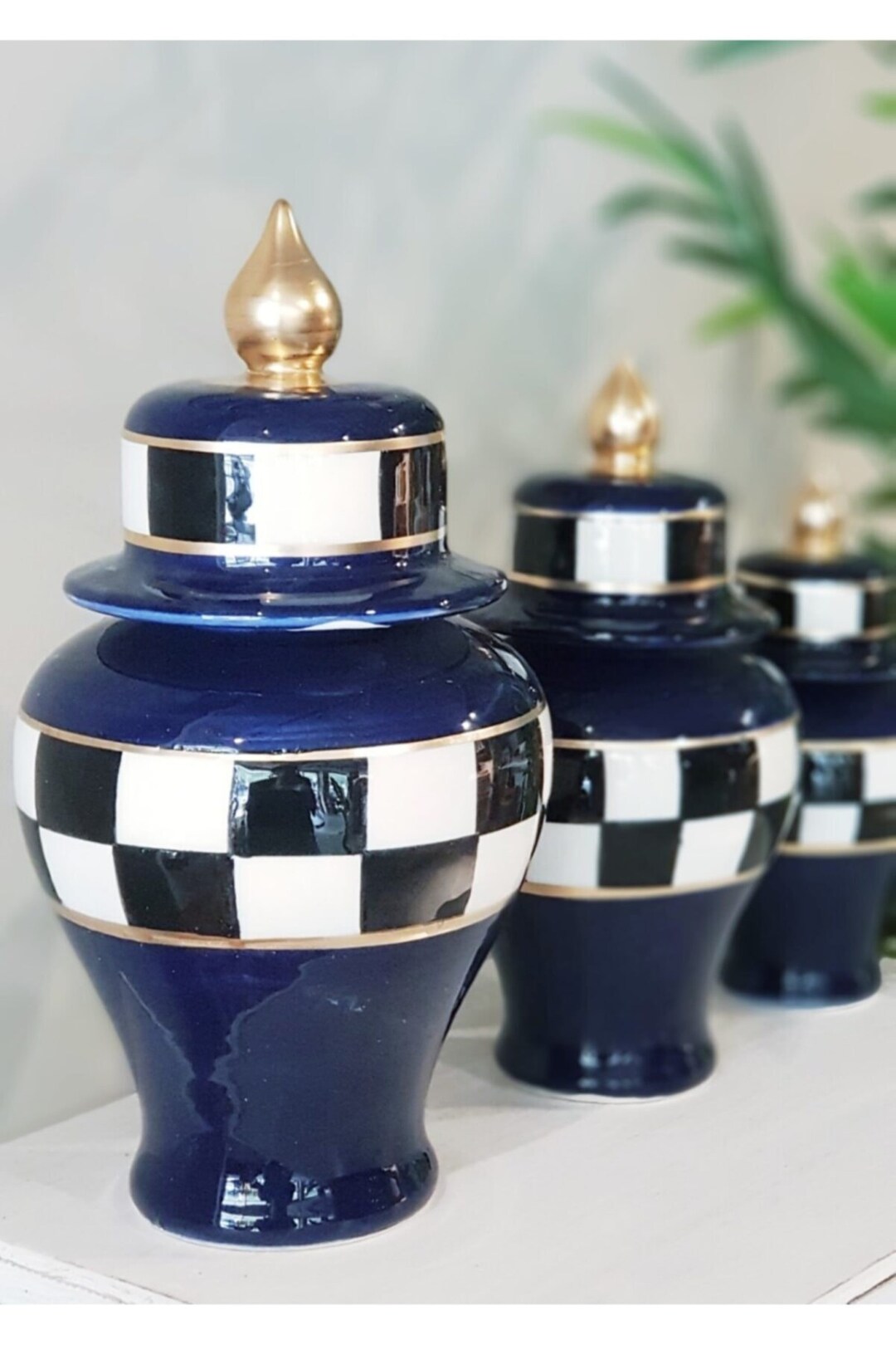 Dark Blue Checkered Ceramic Vase With Lid Set of 3 Handmade Etsy