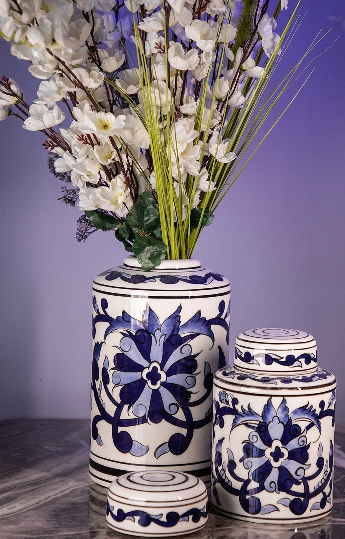 Blue and White Flower Patterned Vase Set With Lidhandmade Etsy