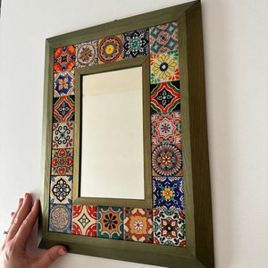 Mexican Tile Framed Mirror, Rustic Tile Mirror, Home Decor, Bathroom Mirror, Ethnic Mirror, Handmade Mirror, Personalized Mirror,Green Frame