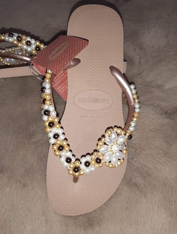 Flip flop infradito Havaianas ciabatte donna 37 38 rose Gold originale decorato a mano con strass e perline rifinito con filo cerato delicat Etsy Italia