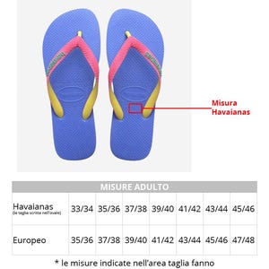 May include: A size chart for Havaianas flip-flops, showing the corresponding European shoe size for each Havaianas size. The chart is printed on a white background with black text.