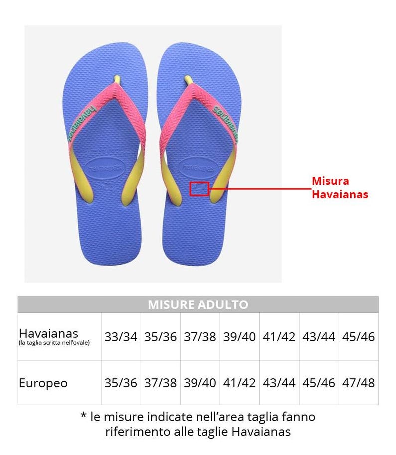 May include: A size chart for Havaianas flip-flops, showing the corresponding European shoe size for each Havaianas size. The chart is printed on a white background with black text.