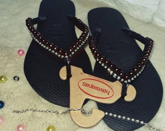 Havaianas flip flops, black, hand-decorated with rhinestones and café Brasil beads, original in all sizes, ideal as a gift