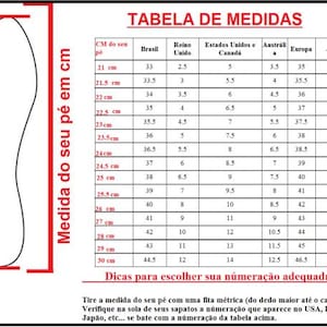 May include: A chart showing shoe size conversions for men's shoes in centimeters, US, UK, Australia, Europe, and Japan. The chart includes a diagram of a foot with the text "Medida do seu p&eacute; em cm" which translates to "Measurement of your foot in cm".