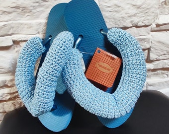 Havaianas Women's Flip Flops Blue hand-decorated crochet slippers 100% cotton thread of excellent quality with color change option