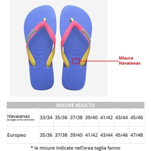 May include: A size chart for Havaianas flip-flops, showing the corresponding European shoe size for each Havaianas size. The chart is printed on a white background with black text.