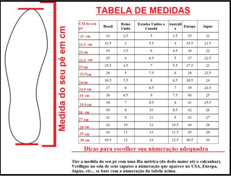 May include: A chart showing shoe size conversions for men's shoes in centimeters, US, UK, Australia, Europe, and Japan. The chart includes a diagram of a foot with the measurement line indicated.