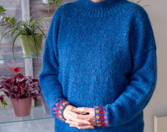 Donegal Tweed Blue Sweater Knitting Pattern: Oversized with Funnel Neck (Digital Pattern)