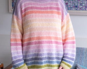 Pastel Stripes Mohair/Silk Sweater. Easy Digital Knitting Pattern. One Size: L / XL, UK 16 / 18, US 12 / 14