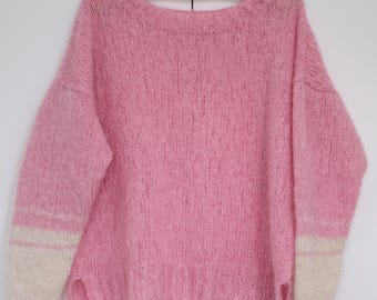 New Hand Knitted White and Pink Mohair Sweater, Size Large / Extra Large, Oversize, Boxy Shape, Split Sides at Rib