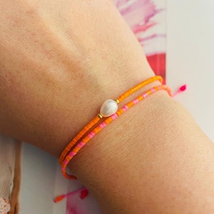 Set of 2 Macrame Bracelets, Pink, Orange, Gold, Minimalist Friendship Bracelets with Freshwater Pearl