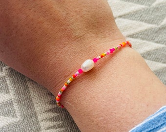 Fine macrame bracelet with neon pearl pink orange colorful minimalist bracelet with freshwater pearl or smiley.