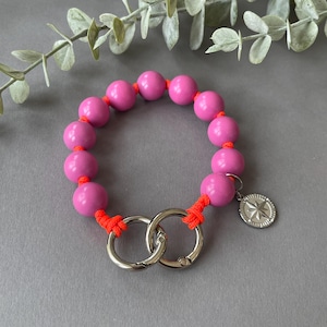 Handykette Schlüsselanhänger Kurz Holzperlen Pink Neon Orange