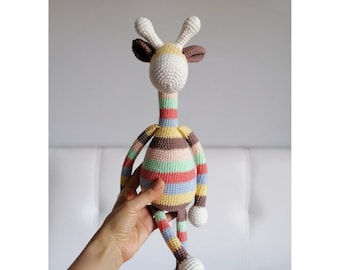 Crochet Giraffe, Amigurumi Animals, Amigurumi Giraffe Plushie, Handmade Stuffed Giraffe Toy with Stripes in Pastel Colors