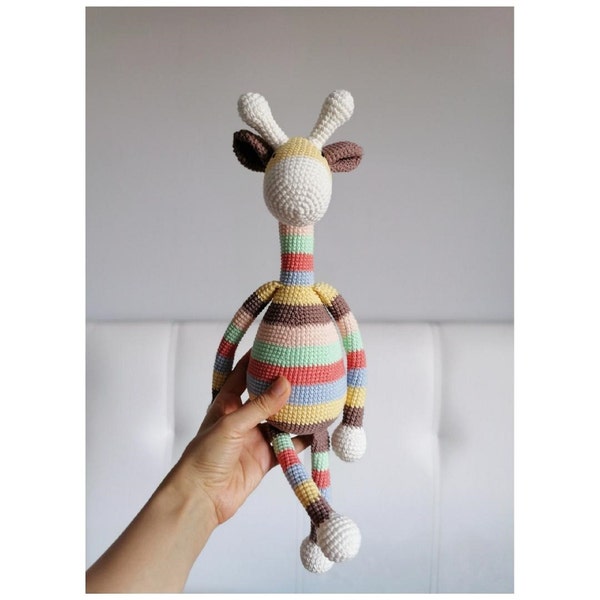 Crochet Giraffe, Amigurumi Animals, Amigurumi Giraffe Plushie, Handmade Stuffed Giraffe Toy with Stripes in Pastel Colors