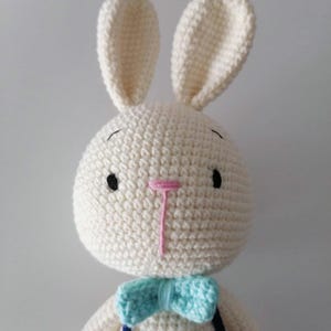 May include: A white crocheted bunny with a blue and turquoise bow tie. The bunny has black eyes and a pink nose.