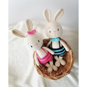 May include: Two crocheted bunny plushies in a wicker basket. The bunny on the left is wearing a pink and white outfit, while the bunny on the right is wearing a blue and white outfit.