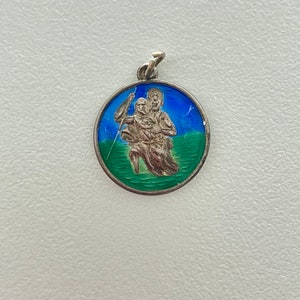 St. Christopher pendant, vintage St Christopher pendant, religious charm, silver St Christopher, enamelled St Christopher, silver enamel