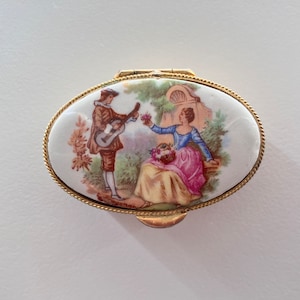 Vintage Fragonard Love Story Pillbox, Rococo Ceramic Lid, Gold-Tone Tin
