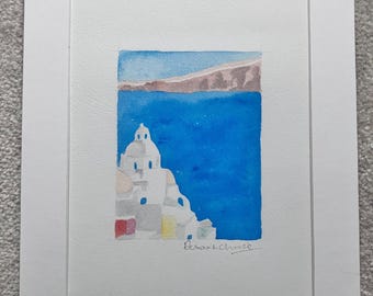 Original art print, watercolour print, Greek church and sea, Greek church watercolour painting, Santorini print, Cyclades church